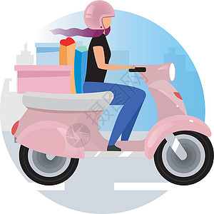 送货服务平面概念矢量图标 快递滑板车快递员交付订单贴纸剪贴画 女人骑着摩托车购买和购物袋 白色孤立的卡通插图图片