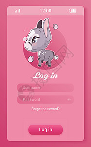 带有卡通可爱角色的驴子儿童移动应用程序屏幕 登录创建帐户智能手机少女游戏社交媒体应用程序模型 带有 anima 的用户配置文件注图片