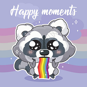 可爱的浣熊卡哇伊角色社交媒体帖子模型 快乐的时刻刻字 带有动物呕吐彩虹的正面明信片模板 社交媒体内容布局  Printkids 图片