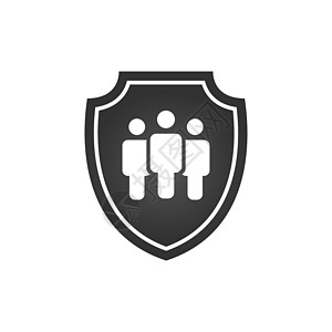 带有三个人剪影符号的隐私 iconflat 盾牌个人保护标志保险或身份验证安全机密标签图片