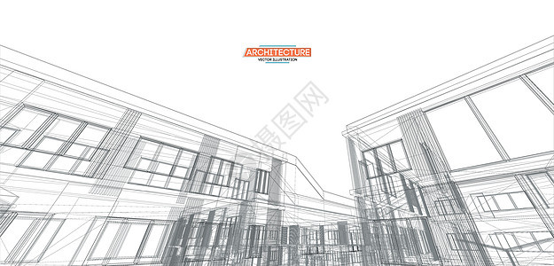 3d 插图建筑城市现代建筑透视抽象背景 城市建筑矢量图商业房子地面草图蓝色铅笔框架建筑师艺术建造图片