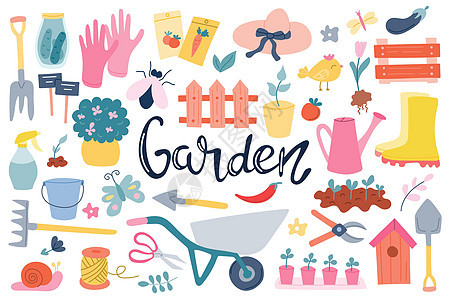 以园艺工具花园用品和刻字为主题的大型套装 春季种植的蔬菜 白色背景上平面样式的矢量插图图片
