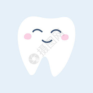 牙齿蓝色背景上可爱微笑的健康白牙 平面 styleico 中的矢量图像插画