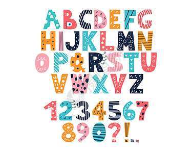 拉丁多色字母表和从 0 到 9 的数字 采用白色背景上的涂鸦风格 可爱明亮矢量英文大写字母有趣的手绘字体图片