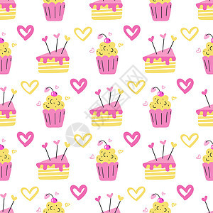 松饼和一块蛋糕 粉色和黄色的花朵 白色背景上有心形 矢量无缝纸设计和织物 prin图片
