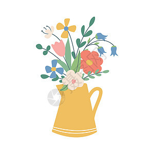 黄色水罐中可爱美丽的花朵 白色背景上平面样式的矢量图像 邀请函明信片贴纸的花卉装饰图片