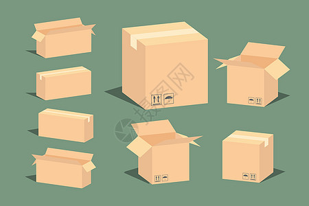 纸箱交付包装打开和特写的盒子 带有易碎标志 矢量图白色背景为图形  EP图片
