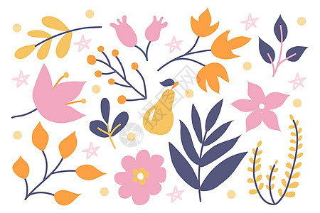 白色背景上的一组可爱的植物和花卉 以涂鸦风格手绘 邀请函明信片贴纸的矢量花卉装饰织物绘画森林卡片乡村潮人场地花园剪贴簿植物学图片