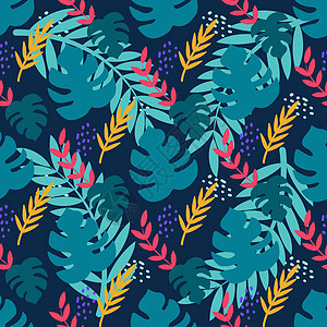 深蓝色背景上的热带植物 龟背竹叶棕榈树 平面样式中的矢量无缝模式纺织品棕榈植物群丛林插图艺术树叶打印森林织物图片