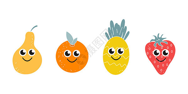 一组可爱的卡通水果菠萝梨橙和白色背景上的草莓 平面样式中的矢量图像图片