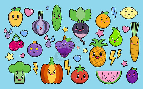 一组可爱的卡哇伊蔬菜和水果的彩色图像 用于设计的蓝色背景平面样式对象上的隔离元素 儿童的有趣食物字符矢量插图 EP图片