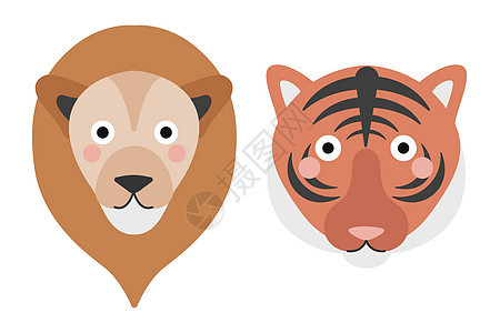 白色背景上可爱的老虎和狮子脸 卡通平面样式儿童原则中的矢量图解图片