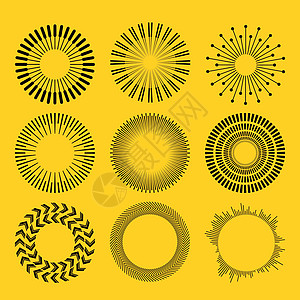 向量集的圆几何装饰品   观赏性圆形装饰 太阳落山了 在黄色背景上孤立的矢量图图片