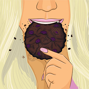 女人吃葡萄干巧克力曲奇手绘图 portrai图片