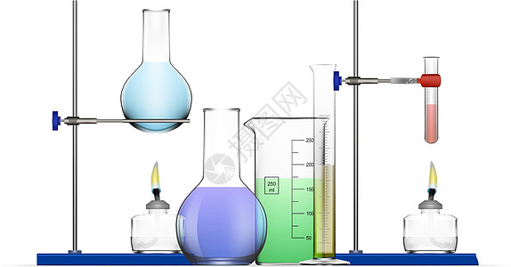 逼真的化学实验室设备套装 玻璃烧瓶烧杯酒精灯技术器皿管子药物生物学制药精神测量实验药店图片