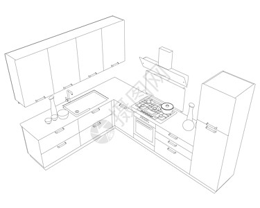 从白色背景上孤立的黑色线条看厨房的轮廓 透视图 它制作图案矢量冰箱抽油烟机草图柜台火炉房子房间烹饪家具涂鸦图片