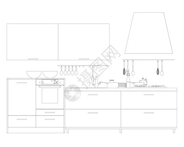 从白色背景上孤立的黑色线条看厨房的轮廓 正视图 它制作图案矢量图片