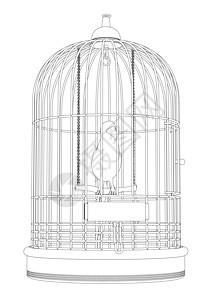 一只鹦鹉在白色背景上孤立的黑线笼子里的轮廓 正视图 它制作图案矢量图片