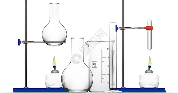 逼真的化学实验室设备套装 玻璃烧瓶烧杯酒精灯药物科学测试架子药店火焰插图生物器皿液体图片
