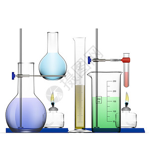 逼真的化学实验室设备套装 玻璃烧瓶烧杯酒精灯实验科学火焰收藏药物测试药理生物制药化学品图片