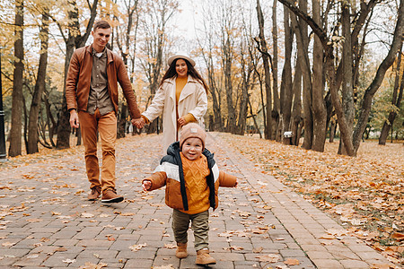 父亲和母亲带着儿子在秋天的公园散步 一个家庭在自然公园的金色秋天散步幸福季节阳光女士孩子母性童年假期男人婴儿图片