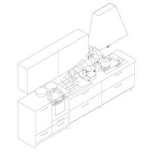 从白色背景上孤立的黑色线条看厨房的轮廓 等距视图 它制作图案矢量图片