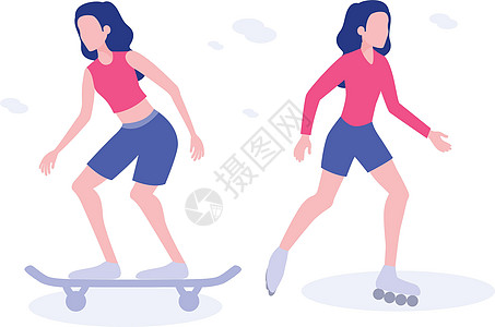 两个女孩在玩滑板 一个用滑板 另一个用滑冰鞋图片