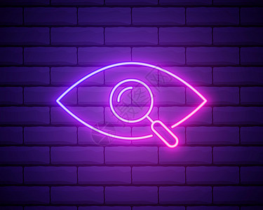 霓虹灯 调查图标 带眼睛符号的放大镜 发光的图形设计 砖墙 韦克托图片
