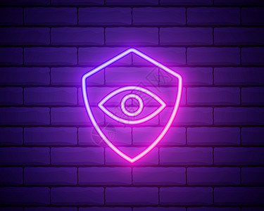 发光的霓虹灯盾牌和眼睛图标隔离在砖墙背景上 安全安全保护隐私概念 它制作图案矢量图片