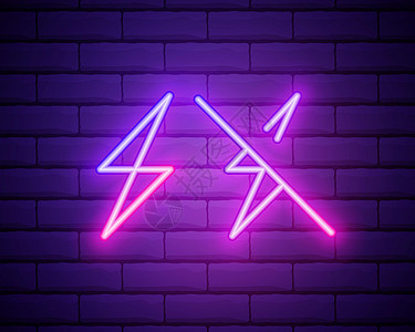 紫色和紫色电能的霓虹灯图标 紫色和紫色霓虹灯电子标志的矢量图解 由深色砖墙背景上的霓虹灯轮廓和背光组成图片