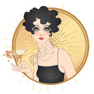 拿着飞溅的鸡尾酒杯的挡板女孩 装饰艺术 1920 年代风格复古邀请模板设计为爵士派对传单 矢量艺术饮料插图女性卡片酒吧玻璃餐厅俱图片