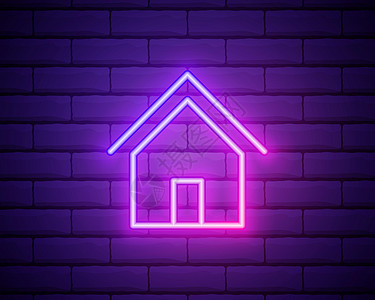 发光的霓虹灯线房子图标孤立在砖墙背景上 主页符号 韦克托图片