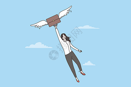 兴奋的女商务人士乘着商业成功的翅膀飞翔图片