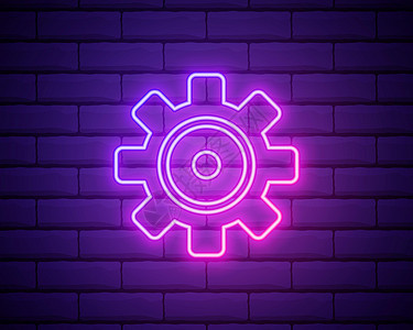 齿轮维护 粉色霓虹灯矢量图标 砖墙背景上孤立的发光齿轮符号机器机械艺术圆圈引擎网络工作进步工程商业图片