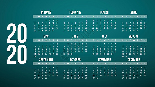 2020 年日历或规划器网格 绿色蓝色背景 矢量图图片