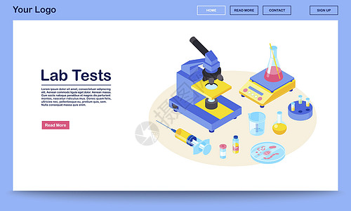 实验室测试带有等距插图的网页矢量模板 医学分析 诊断实验室研究 显微镜注射器烧杯 网站界面设计 网页移动应用程序 3d 概念图片