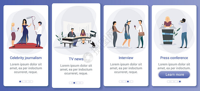 新闻和大众媒体载入移动应用程序屏幕矢量模板 电视新闻采访新闻发布会 带有扁平字符的演练网站步骤  UXUIGUI 智能手机卡通界图片