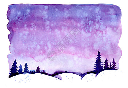与雪和树的水彩圣诞节冬天风景 圣诞松树和冷杉 打印纹理墙纸背景贺卡下雪的插图 紫色紫罗兰色 水彩画树景季节艺术庆典问候语植物卡片图片