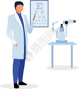 医生与视力表平面矢量图 眼科医生检查视力 治疗师指着视力测试 snellen 图表卡通人物 眼科检查图片