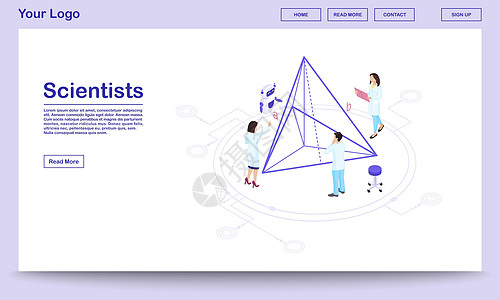 计算机辅助科学等距网页模板 有 AI 助手的科学家 几何专家计算金字塔比例进行 3D 建模 高科技研究中心着陆页图片