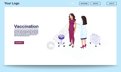 带有等距插图的疫苗接种网页矢量模板 医生给病人打针 女人和医生治疗师护士 网站界面设计 网页移动应用程序 3d 概念图片