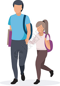 步行平面插图 哥哥和妹妹手牵着背包卡通人物 青春期前的女学生和十几岁的男学生在白色背景图片