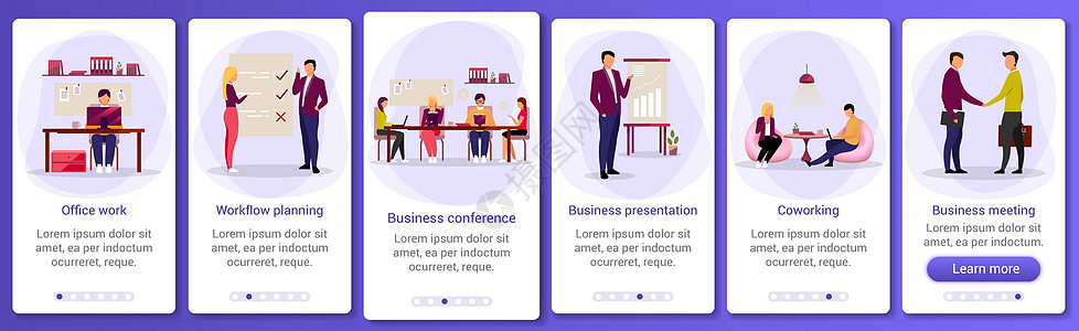 商业行业入职移动应用程序屏幕模板 办公室工作流程合作 业务介绍 带有扁平字符的演练网站步骤  UXUI智能手机卡通界面图片