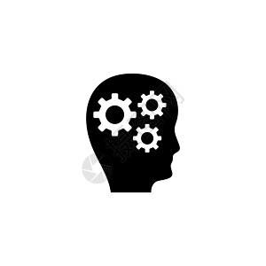 人头与大脑的齿轮思想 平面矢量图标说明 白色背景上的简单黑色符号 用于 web 和移动 UI 元素的人头大脑标志设计模板图片