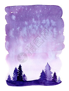 与雪和树的水彩圣诞节冬天风景 圣诞松树和冷杉 打印纹理墙纸背景贺卡下雪的插图 紫色紫罗兰色 水彩画森林邀请函装饰艺术品庆典季节植图片