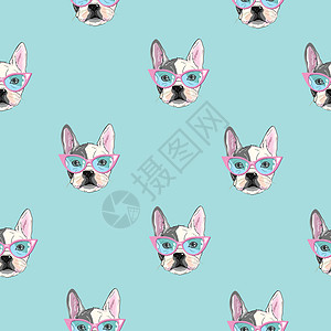 头斗牛犬的角色设计模式背景 绿色蓝色涂鸦风格宠物卡片朋友眼睛犬类动物织物头像绘画插图图片