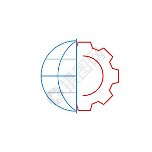 全球化线性地球仪和齿轮图标 互联网技术概念 可用于业务开发网络工程等主题 在白色背景上孤立的股票矢量图图片