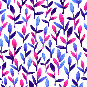 蓝色水彩叶子简单可爱的无缝花纹  Pinkblue 和紫罗兰色春叶手绘水彩自然绘图叶在白色背景上 艺术明亮的背景墙纸 美丽的颜色刷子背景