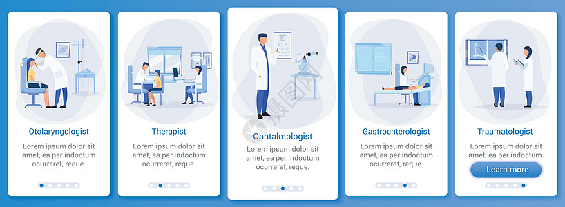 医生与患者一起使用移动应用程序屏幕矢量模板 治疗师耳鼻喉科医生外伤科医生 带有扁平字符的演练网站步骤  UXUIGUI 智能手机图片