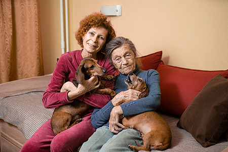 主题是动物疗法 照顾患有痴呆症和阿尔茨海默病的老人 成年女性与年迈的母亲和宠物狗共度时光 为所爱的人带来欢乐和愉悦 感情亲热白发图片
